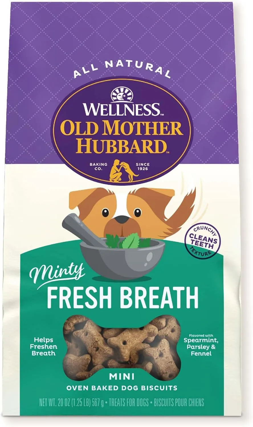 Old Mother Hubbard Wellness Minty Fresh Breath Dog Biscuits, Natural, Training Treats, Spearmint, Parsley, Oats, & Chicken Flavor, Mini Size, (20 Ounce Bag)