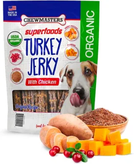 Organic Superfoods Turkey Jerky Dog Treats with Chicken, 2 Pound Bag, USDA Premium Organic Turkey, Made in The USA, by-Product Free, Real Meat Dog Treat, All Life Stages
