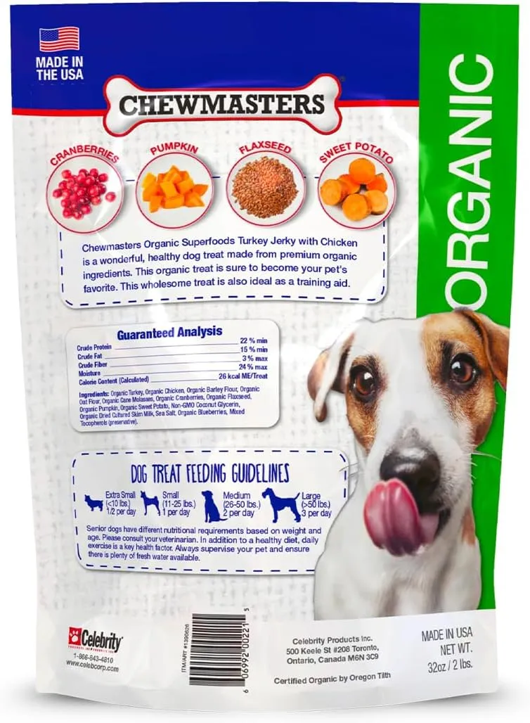Organic Superfoods Turkey Jerky Dog Treats with Chicken, 2 Pound Bag, USDA Premium Organic Turkey, Made in The USA, by-Product Free, Real Meat Dog Treat, All Life Stages