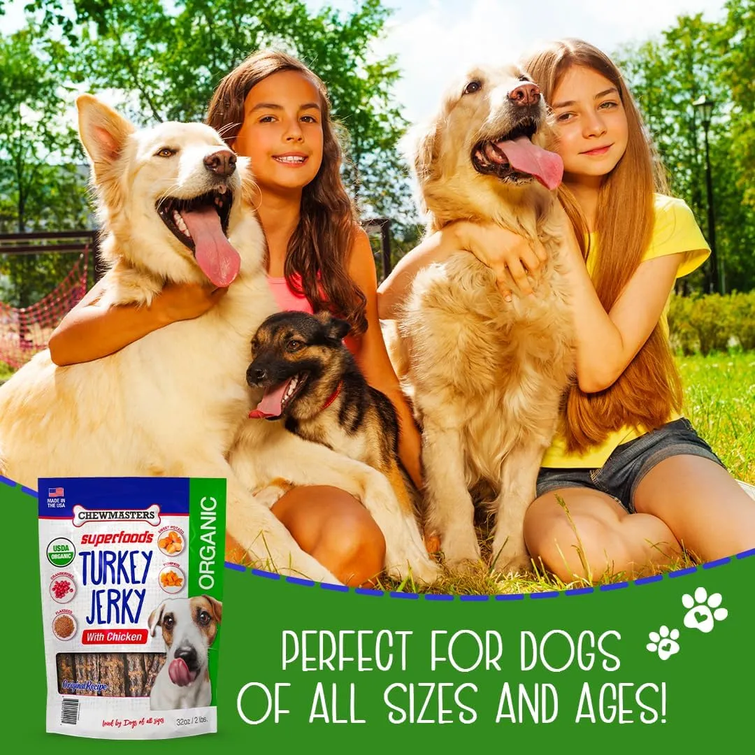 Organic Superfoods Turkey Jerky Dog Treats with Chicken, 2 Pound Bag, USDA Premium Organic Turkey, Made in The USA, by-Product Free, Real Meat Dog Treat, All Life Stages