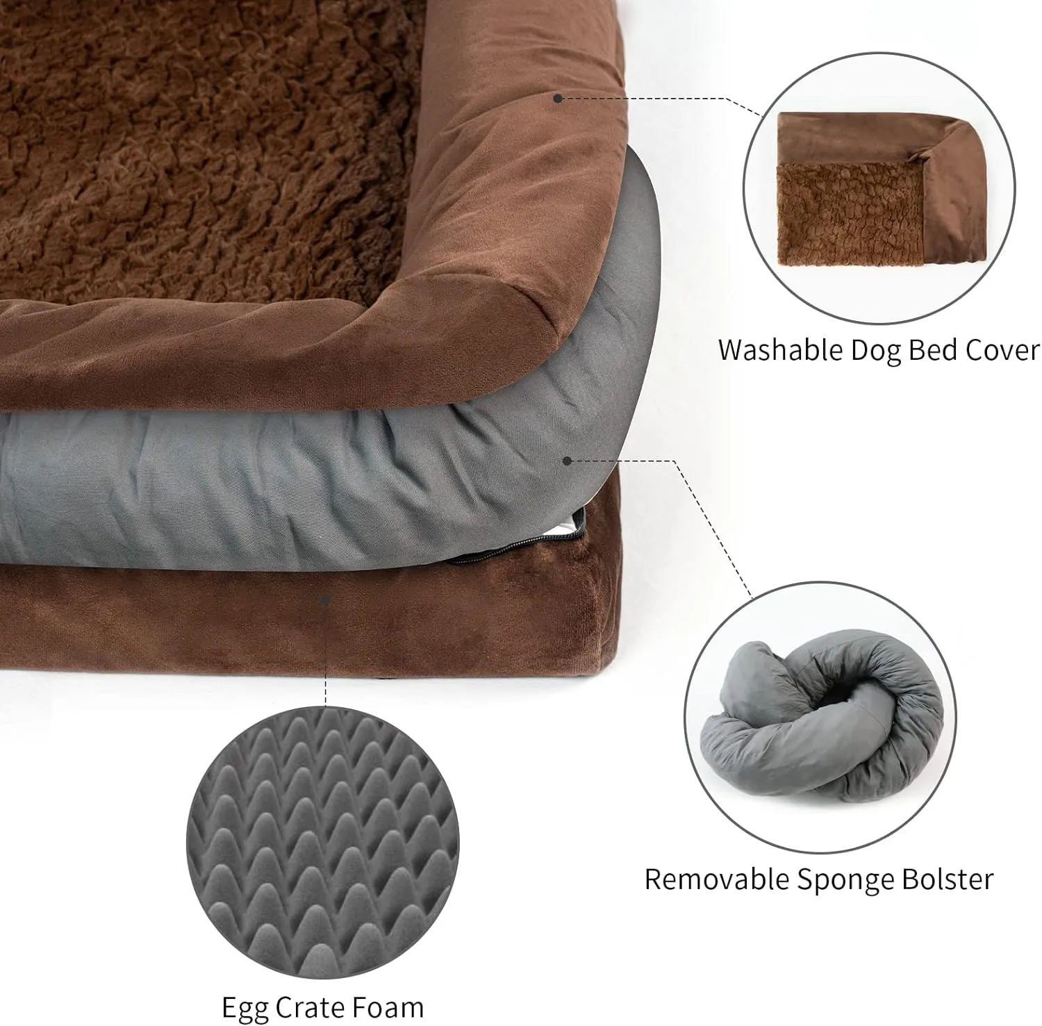 Orthopedic Dog Beds for Large Dogs, Washable Dog Bed with 4-Sides Removable Bolster, Waterproof Pet Bed with Removable Cover and Non-Slip Bottom, Brown