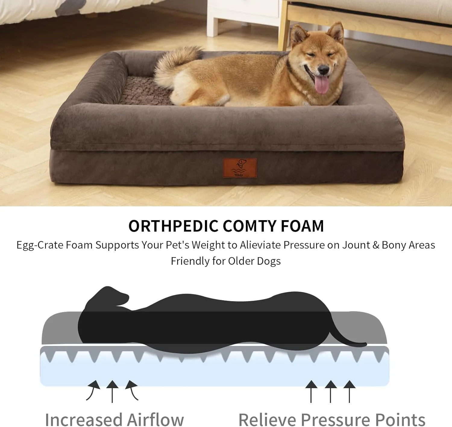Orthopedic Dog Beds for Large Dogs, Washable Dog Bed with 4-Sides Removable Bolster, Waterproof Pet Bed with Removable Cover and Non-Slip Bottom, Brown