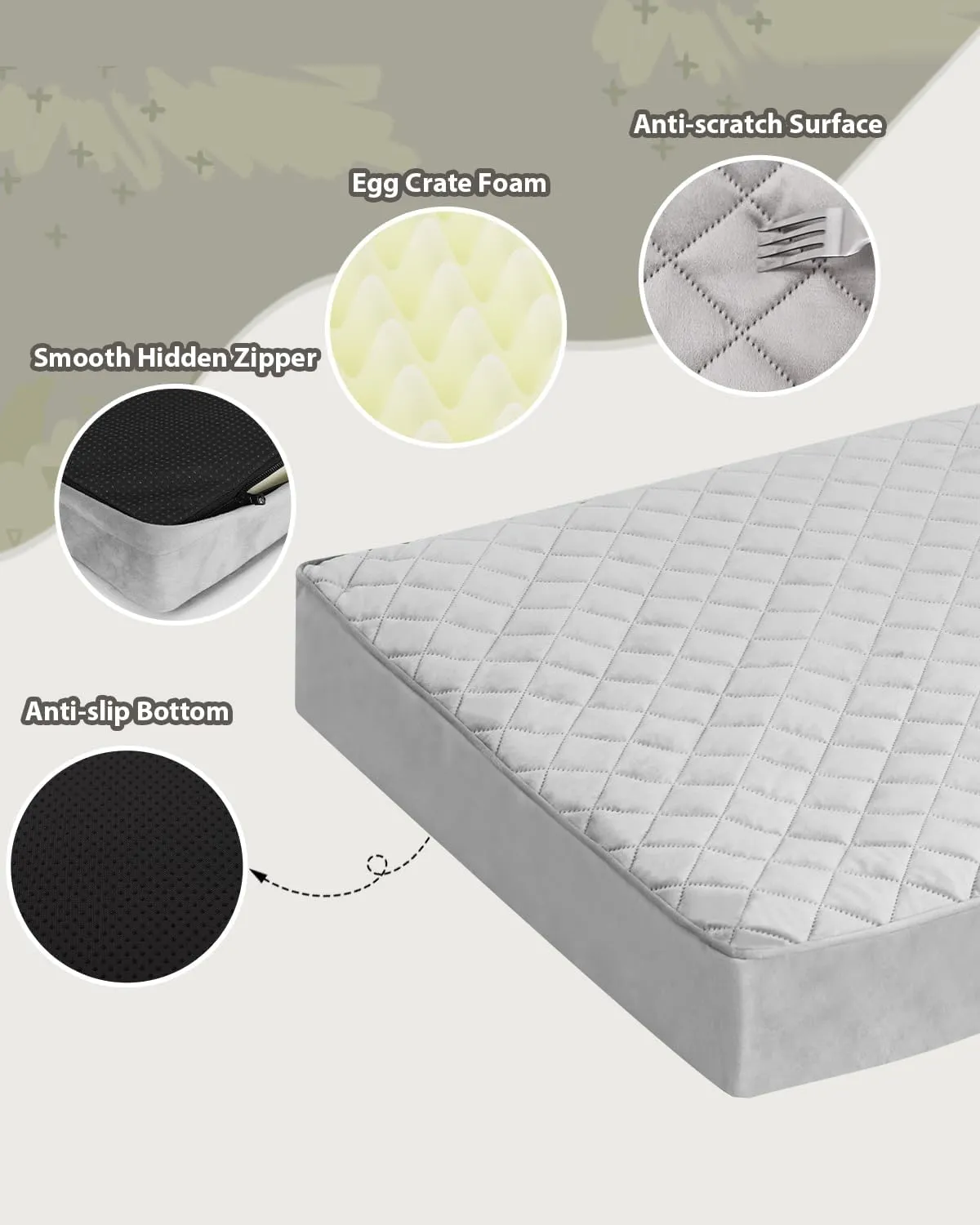 Orthopedic Dog Beds for Small Dogs Waterproof with Removable Washable Cover and Non-Slip Bottom, Quilting Dog Bed for Crate, 23x17 Inch, Light Gray