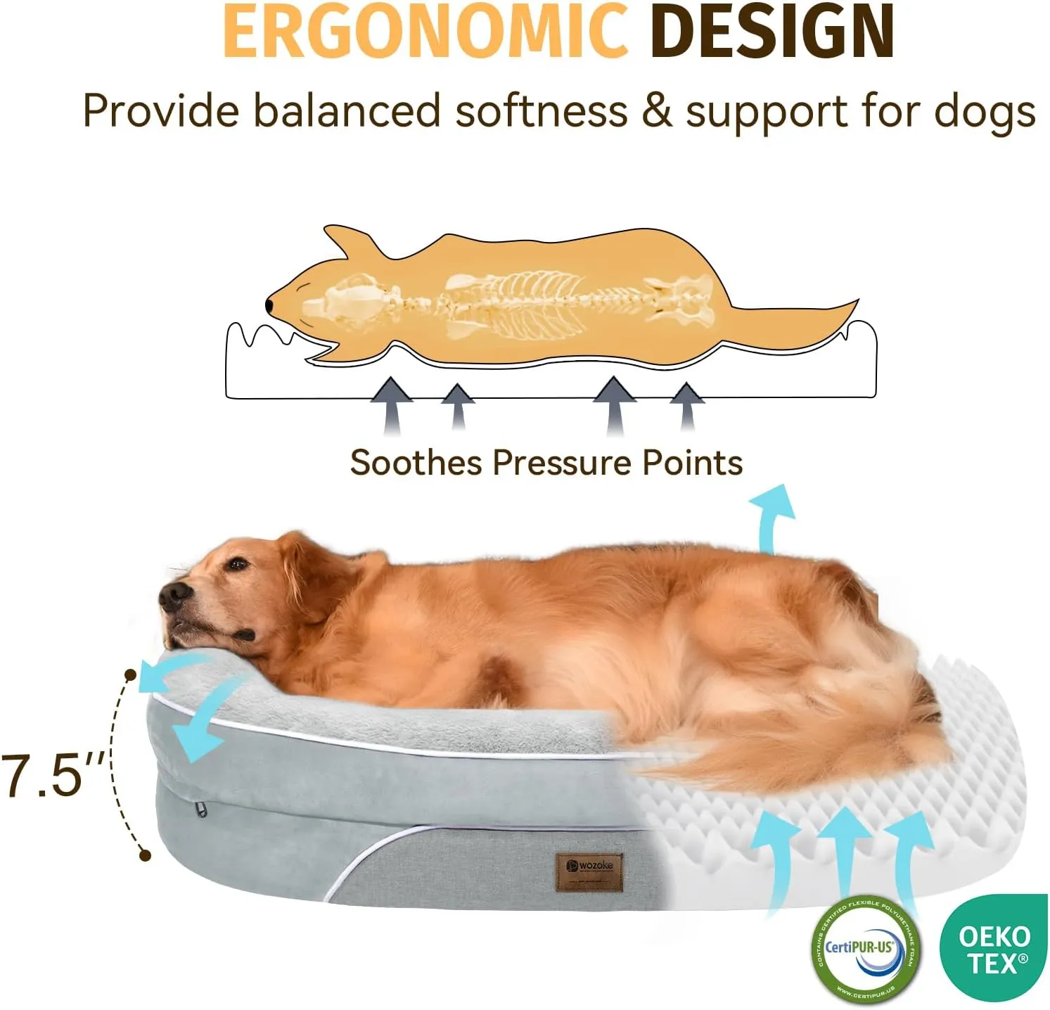 Orthopedic Waterproof Large Dog Bed: Washable Bolstered Dog Bed - XL Non-Slip Pet Bed with Removable Cover for Medium to Large Dogs - Silver