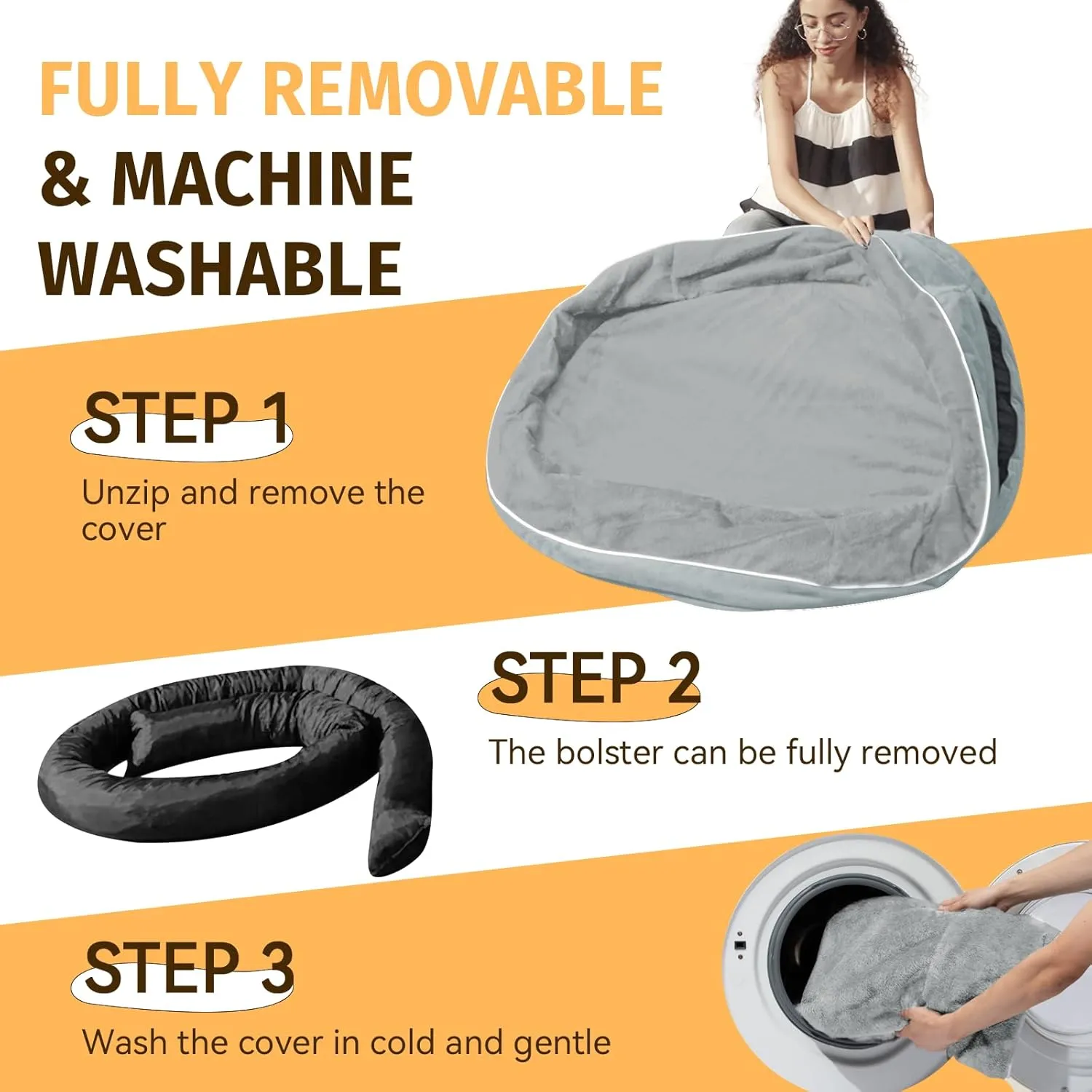 Orthopedic Waterproof Large Dog Bed: Washable Bolstered Dog Bed - XL Non-Slip Pet Bed with Removable Cover for Medium to Large Dogs - Silver