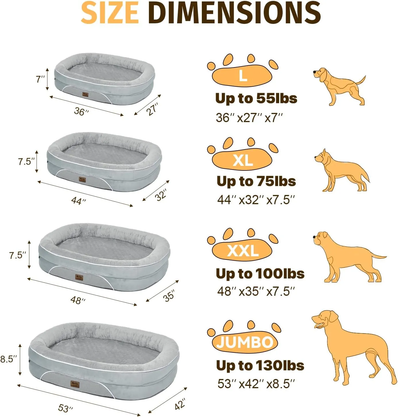 Orthopedic Waterproof Large Dog Bed: Washable Bolstered Dog Bed - XL Non-Slip Pet Bed with Removable Cover for Medium to Large Dogs - Silver
