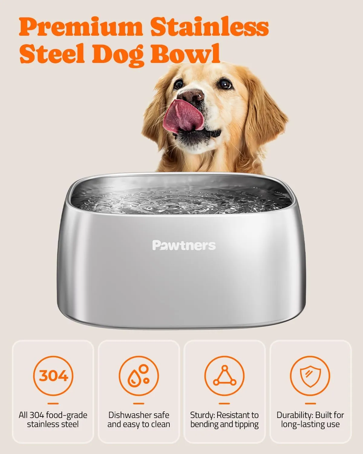 Pawtners 4L Large Stainless Steel Dog Bowls, Dog Water and Food Bowl for Large Breed Dogs with Non-Slip Base, Metal Pet Bowls Easy to Clean, Indoor Outdoor Use, 135oz, Silver