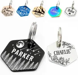Personalized Pet ID Tags, Customizable Hexagon, Bone and Round Shapes, Multiple Designs with Mountain, Floral, and Night Sky Patterns, Stainless Steel Dog and Cat Tags (Hexagon)