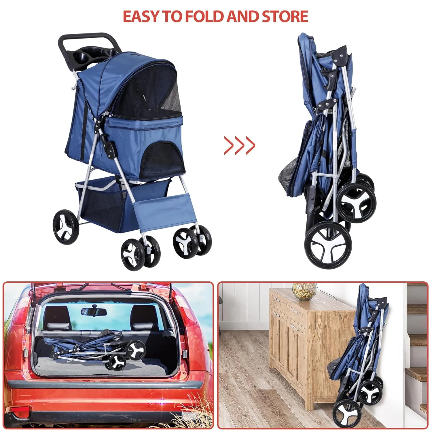 Pet Stroller for Medium Small Dogs - Easy to Walk Folding Travel Carrier Strolling Cart with Cup Holder, Weather Cover and Storage Basket (Navy Blue)