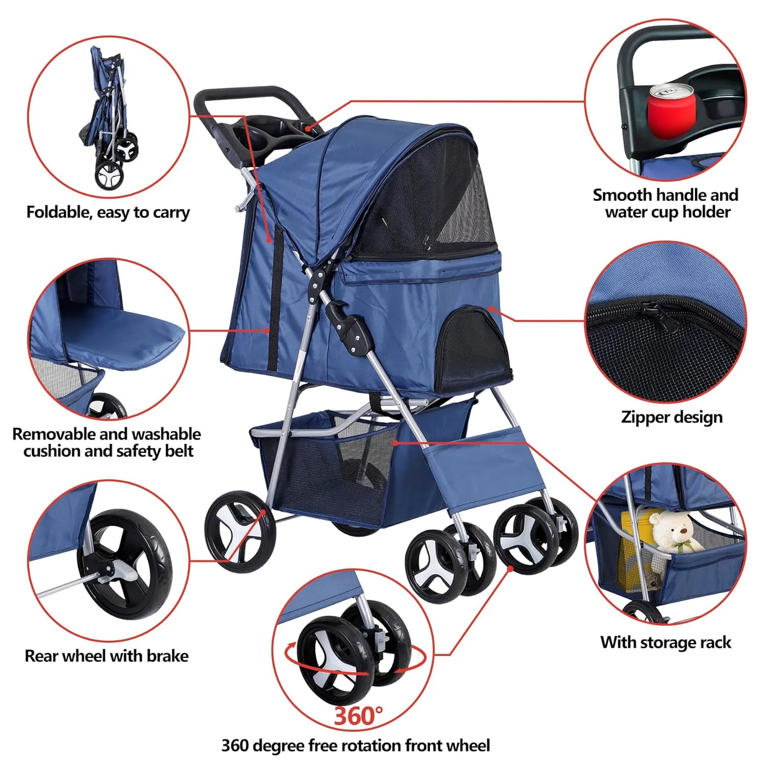 Pet Stroller for Medium Small Dogs - Easy to Walk Folding Travel Carrier Strolling Cart with Cup Holder, Weather Cover and Storage Basket (Navy Blue)