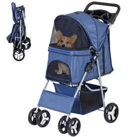 Pet Stroller for Medium Small Dogs - Easy to Walk Folding Travel Carrier Strolling Cart with Cup Holder, Weather Cover and Storage Basket (Navy Blue)