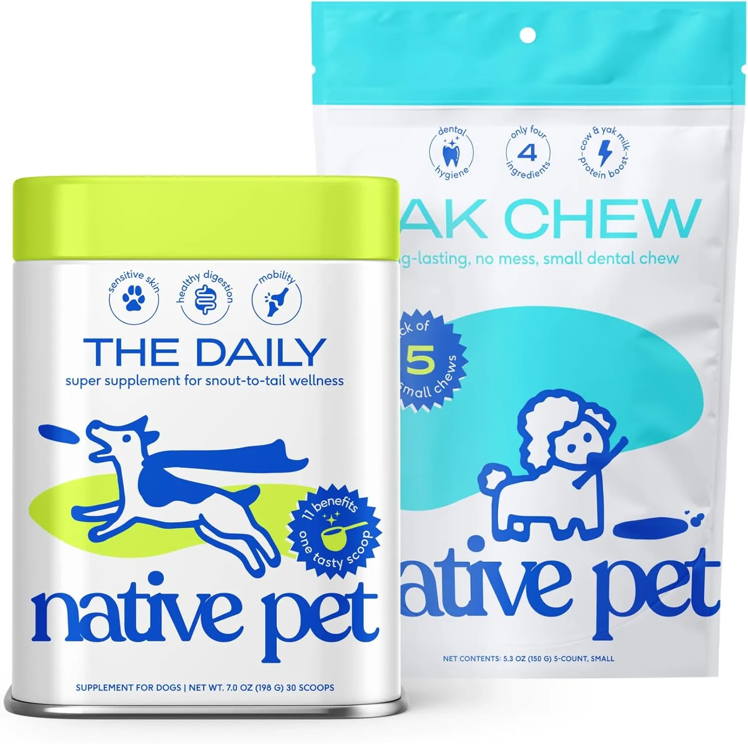 Pet Yak Chews (5 Small Chews) & Daily Dog Vitamins & Supplements (7 Oz.) - All Natural Dental Sticks Made with Yak Cheese for Aggressive Chewers & 11-in-1 Multivitamin for Dogs
