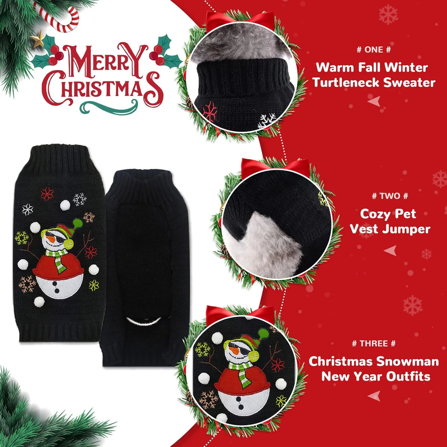 PETCARE Black Snowman Dog Sweater Christmas Dog Sweaters Vest Ugly Snow Xmas Puppy Costume Pet Holiday New Year Fall Winter Clothes for Small Medium Dogs Cats Pullover Cat Sweaters Outfits,Small