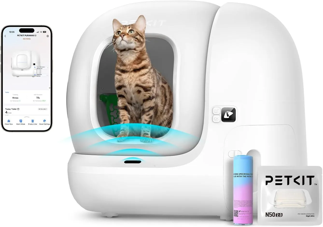 PETKIT PuraMax 2 Automatic Self-Cleaning Cat Litter Box, App Control Scoop-Free Litter Box with Anti-Leakage Waterproof Litter Pad Max, 2.4G WiFi, Basic Bundle Includes N50 2.0 and Trash Bags