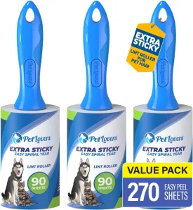PetLovers Extra Sticky Lint Roller Value Set 270 Sheets for Pet Hair Removal, Dog and Cat Lint Remover 3 Pack