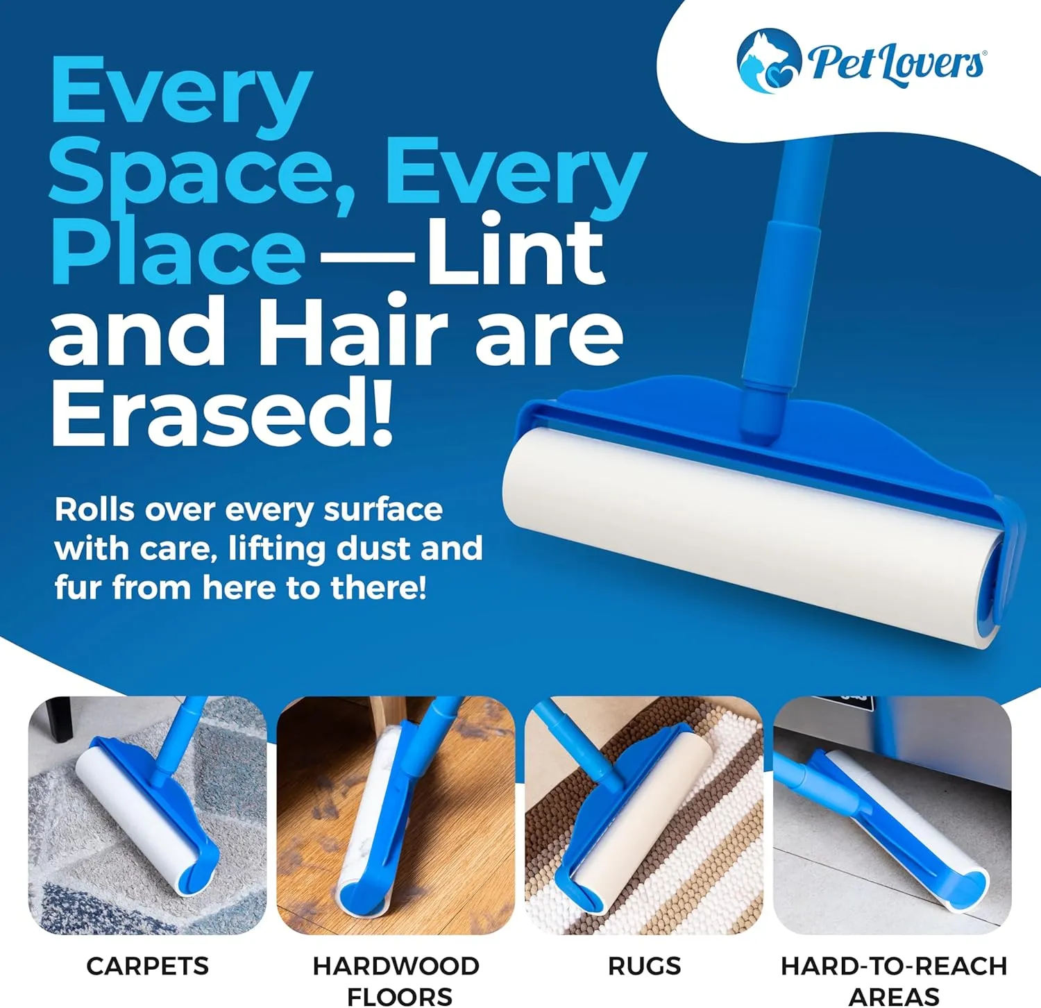 PetLovers Large Lint Roller  90 Extra Sticky Sheets for Pet Hair Removal, Extra Large Floor and Carpet Roller for Homes with Pets, Perfect for Floors, Furniture, and Loving Pet Owners