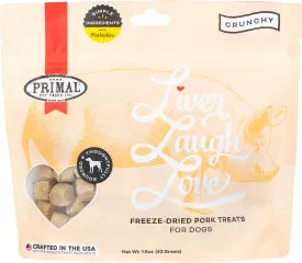 Primal Freeze Dried Dog Treats, Liver, Laugh, Love; Pork Liver with Probiotics, Crunchy Grain Free Training Treats for Dogs, 1.5 oz