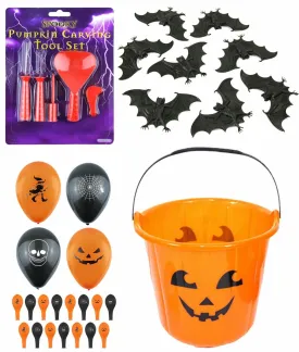 Pumpkin Carving Kit Bucket Balloons Scary Bats Halloween Party Decoration Set