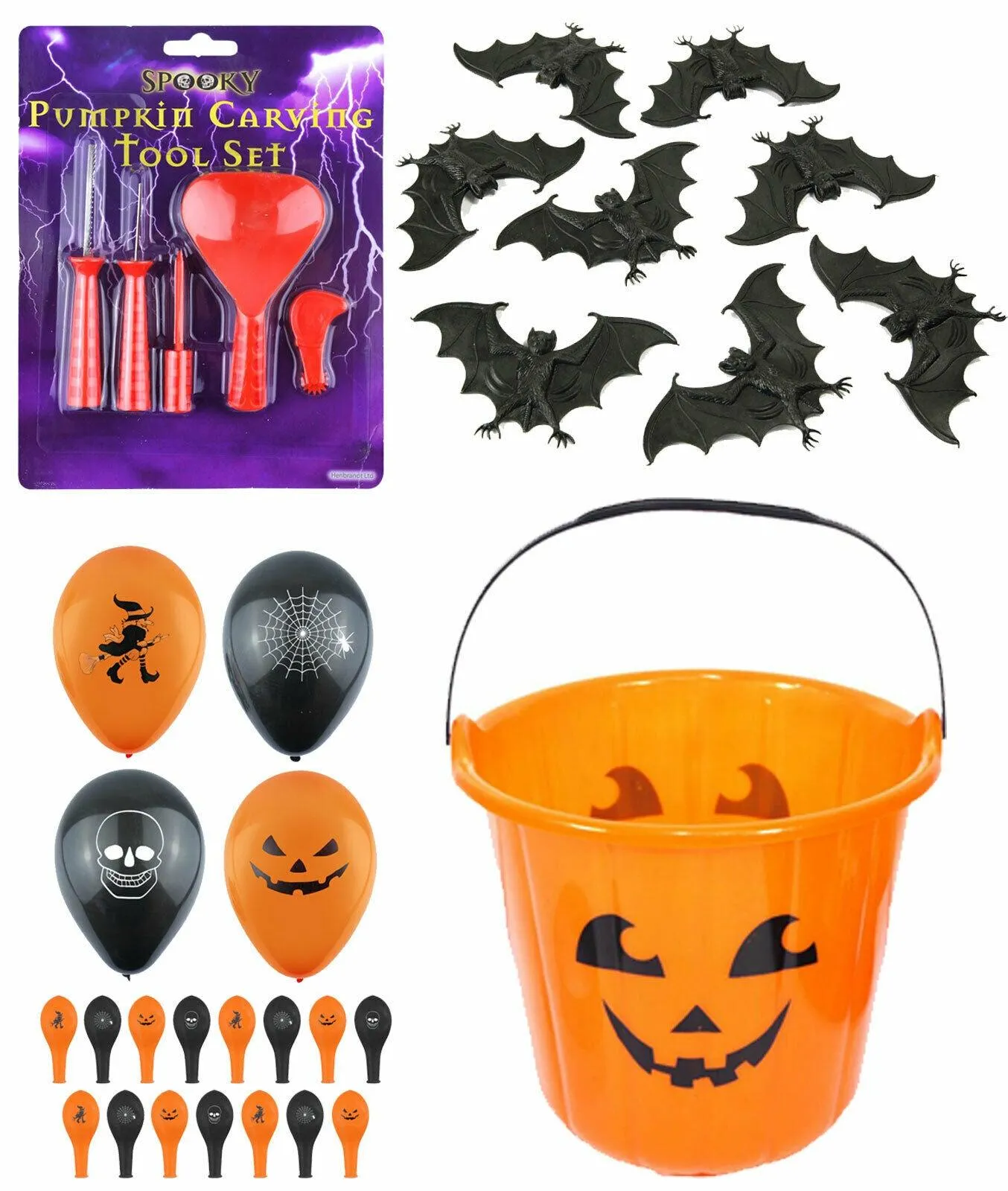 Pumpkin Carving Kit Bucket Balloons Scary Bats Halloween Party Decoration Set
