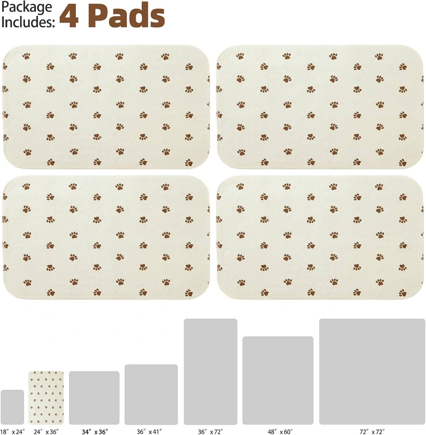 PUPTECK Washable Pee Pads for Dogs - Waterproof Reusable Puppy Potty Training Pads Whelping Mat - Fast Absorption Non-Slip Pet Food Feeding Mat (Beige, 24x36 Inch (Pack of 4))