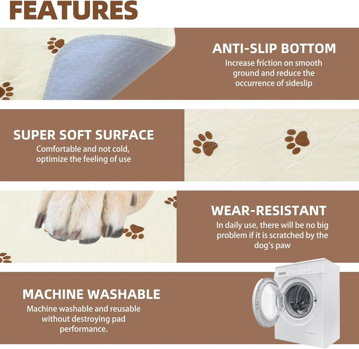 PUPTECK Washable Pee Pads for Dogs - Waterproof Reusable Puppy Potty Training Pads Whelping Mat - Fast Absorption Non-Slip Pet Food Feeding Mat (Beige, 24x36 Inch (Pack of 4))