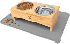Raised Dog Bowls Stand for Small to Medium Dogs, Bamboo Elevated Dog Food and Water Bowls Feeder Holder (5" Tall with mat, Bamboo)