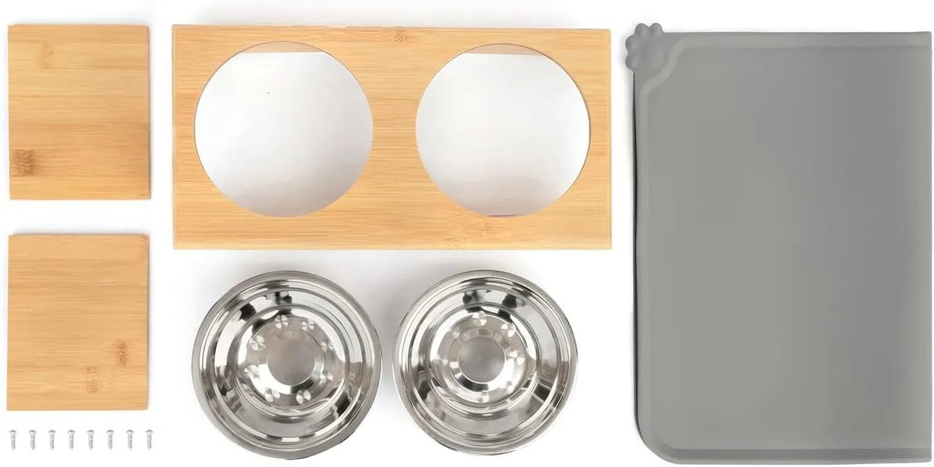 Raised Dog Bowls Stand for Small to Medium Dogs, Bamboo Elevated Dog Food and Water Bowls Feeder Holder (5" Tall with mat, Bamboo)