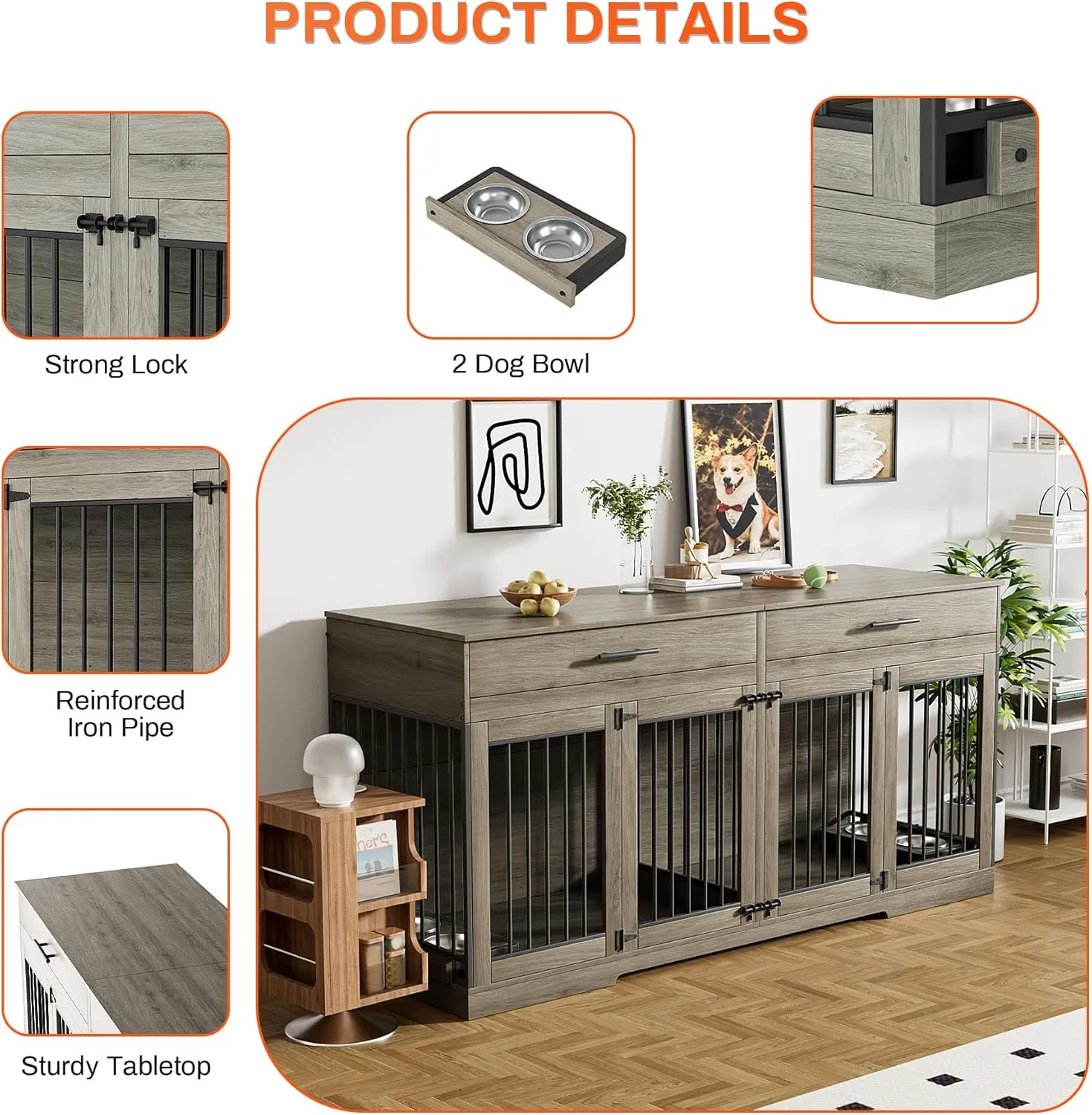 Rophefx 72" Dog Crate Furniture for 2 Dogs, Large Double Dog Kennel Indoor Furniture with 2 Storage Drawers and Removable Divider, Wooden Dog Cage with 4 Bowls, Dog House TV Stand for Medium Dog, Grey