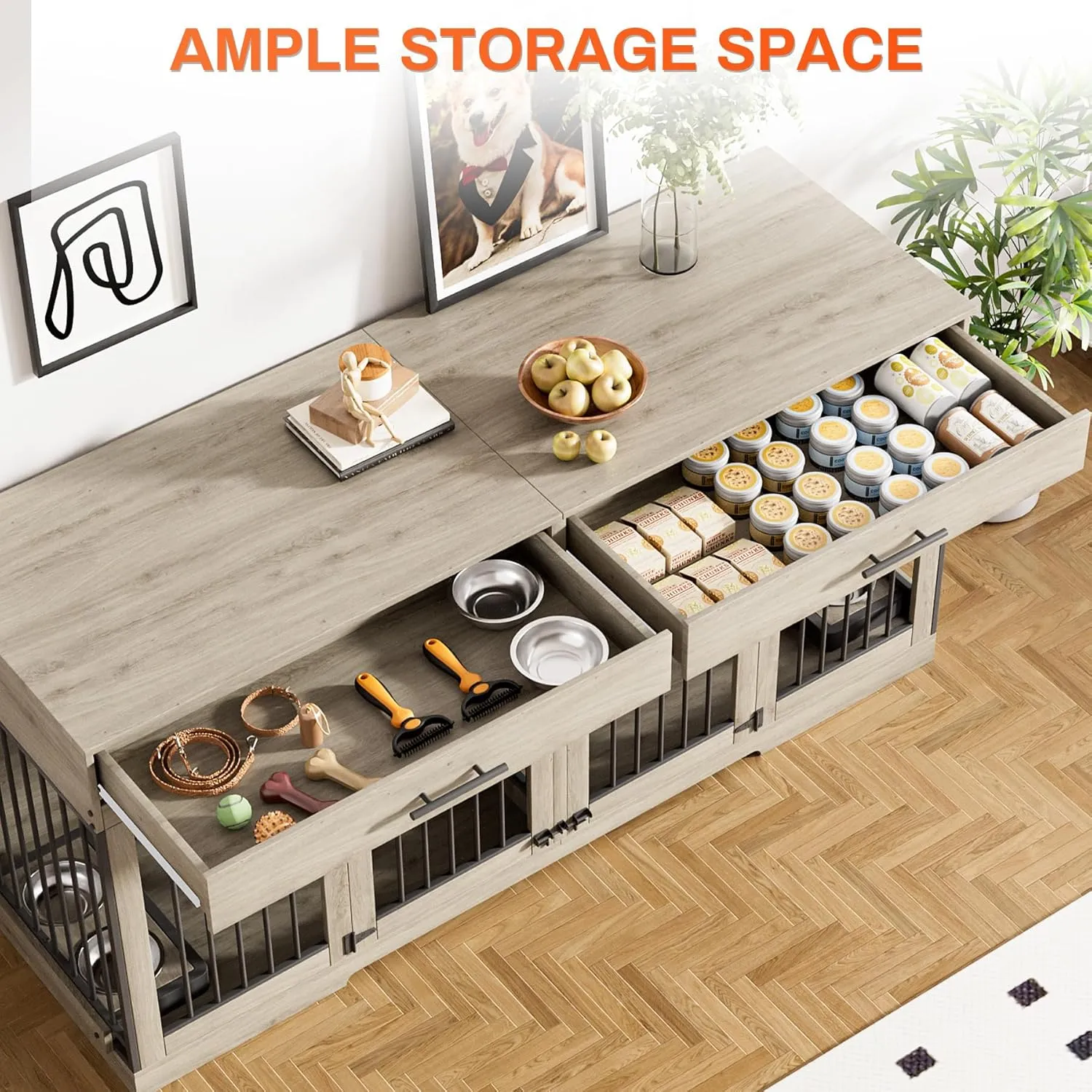 Rophefx 72" Dog Crate Furniture for 2 Dogs, Large Double Dog Kennel Indoor Furniture with 2 Storage Drawers and Removable Divider, Wooden Dog Cage with 4 Bowls, Dog House TV Stand for Medium Dog, Grey