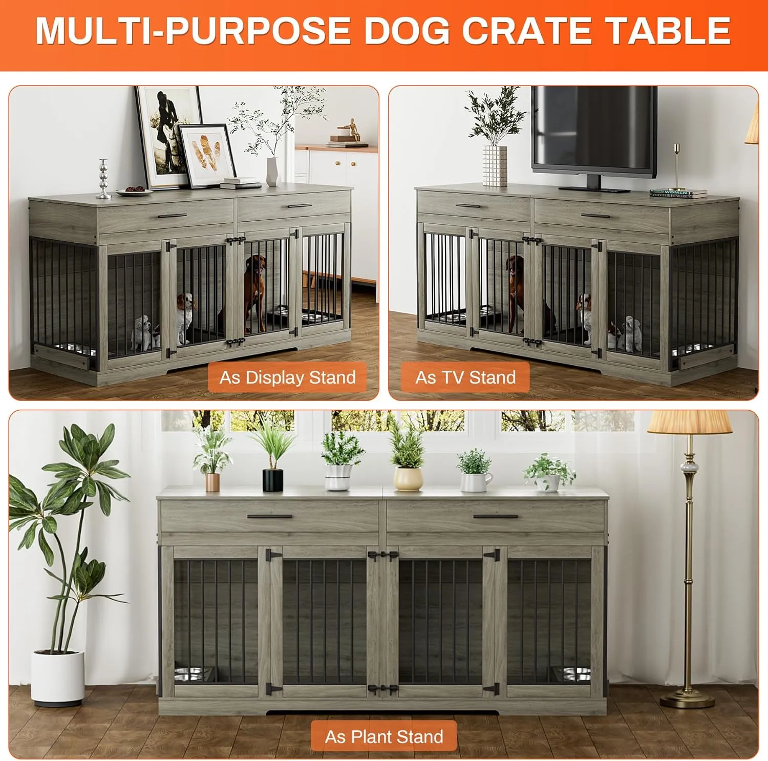 Rophefx 72" Dog Crate Furniture for 2 Dogs, Large Double Dog Kennel Indoor Furniture with 2 Storage Drawers and Removable Divider, Wooden Dog Cage with 4 Bowls, Dog House TV Stand for Medium Dog, Grey