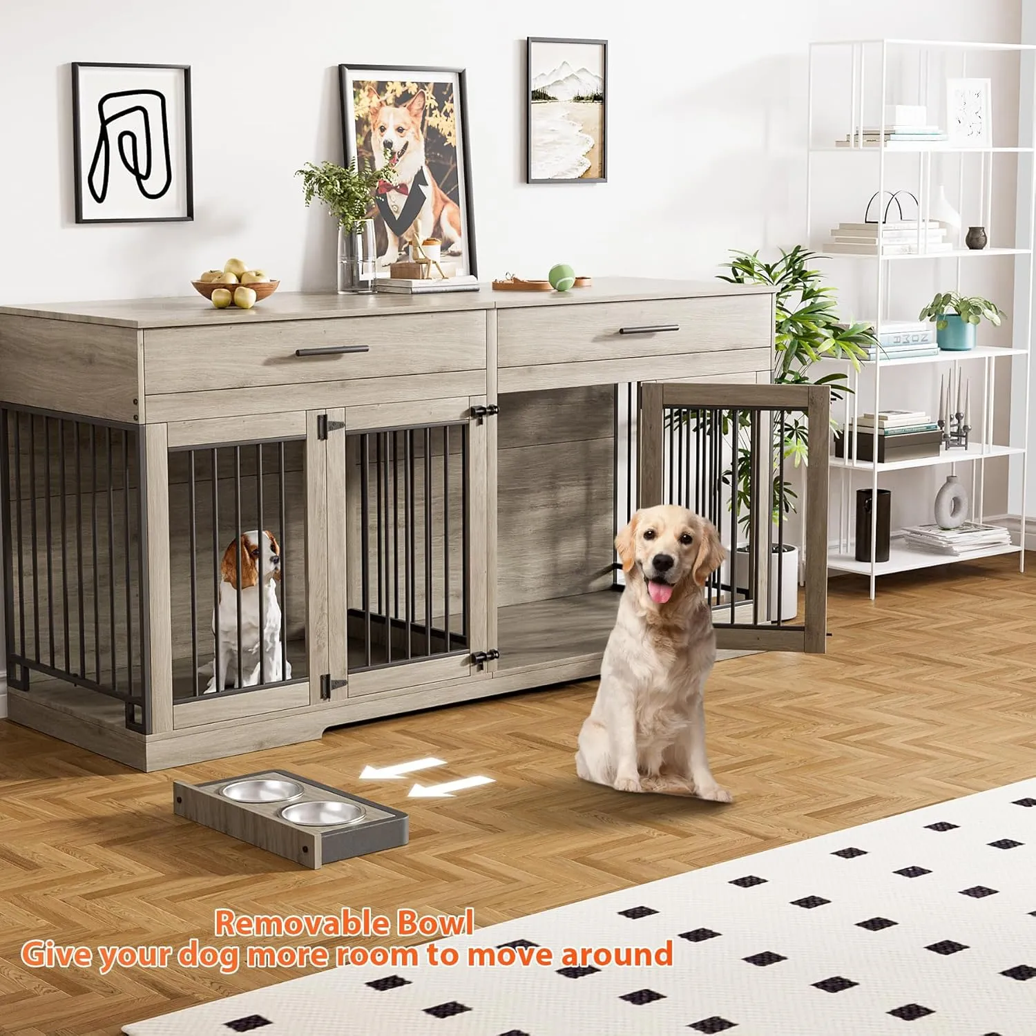 Rophefx 72" Dog Crate Furniture for 2 Dogs, Large Double Dog Kennel Indoor Furniture with 2 Storage Drawers and Removable Divider, Wooden Dog Cage with 4 Bowls, Dog House TV Stand for Medium Dog, Grey