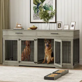 Rophefx 72" Dog Crate Furniture for 2 Dogs, Large Double Dog Kennel Indoor Furniture with 2 Storage Drawers and Removable Divider, Wooden Dog Cage with 4 Bowls, Dog House TV Stand for Medium Dog, Grey