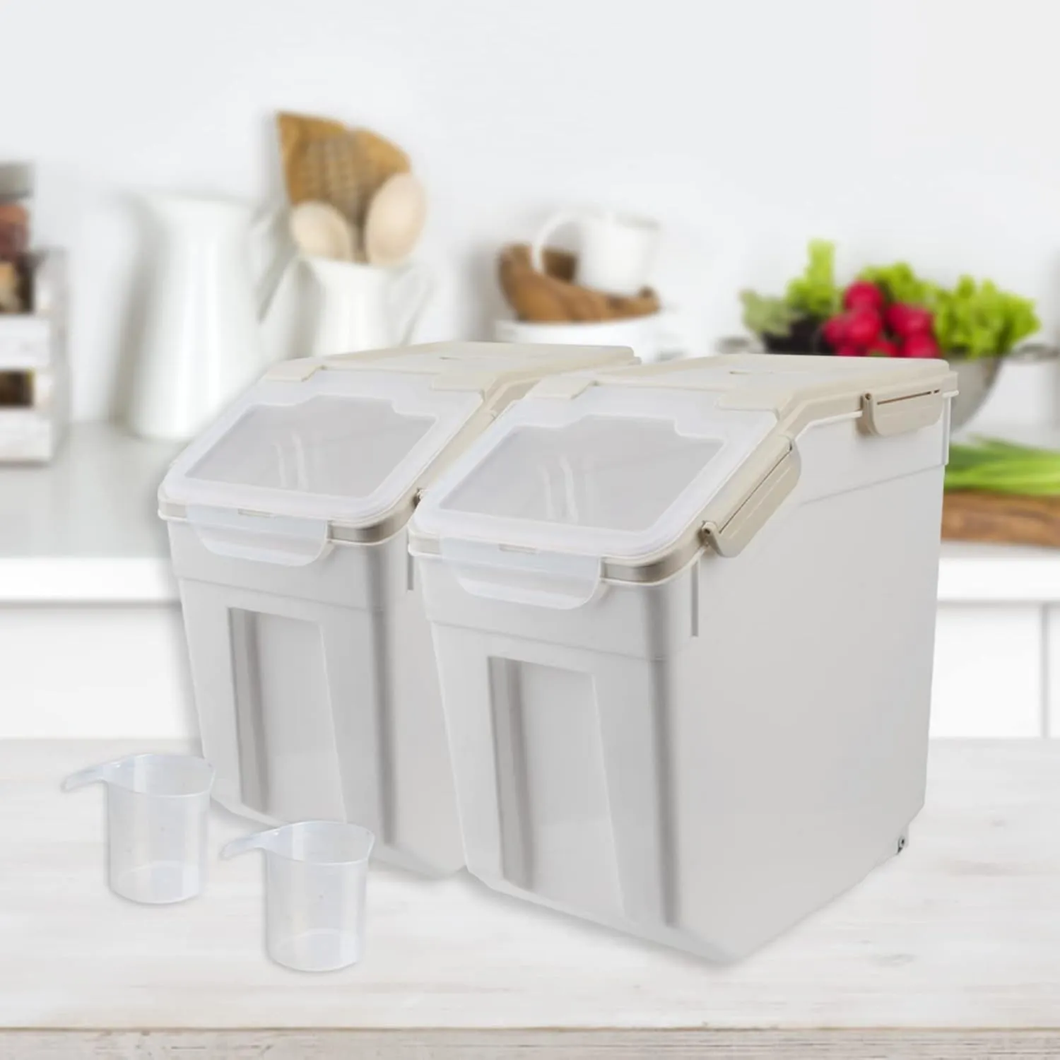 RUIAN 2Pcs Large Flour Storage Container Bin 25Lb Airtight Rice Storage Containers with Wheels Seal Locking Lid, BPA Free with Measuring Cup&Scoop for Flour, Rice, Grain (Gray)