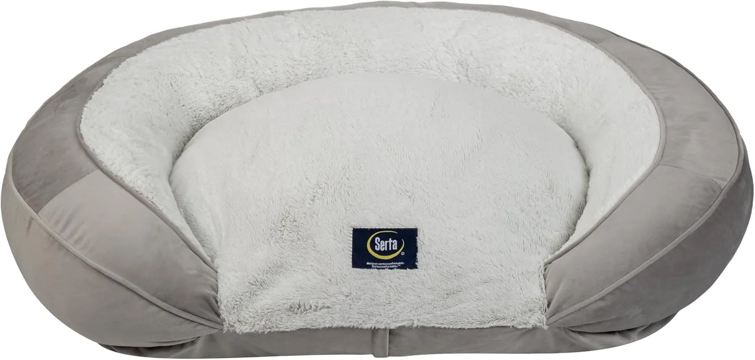 Serta Oval Couch Dog Beds - Quilted Orthopedic Memory Foam Base with Supportive Rounded Bolsters - Gray (Large)