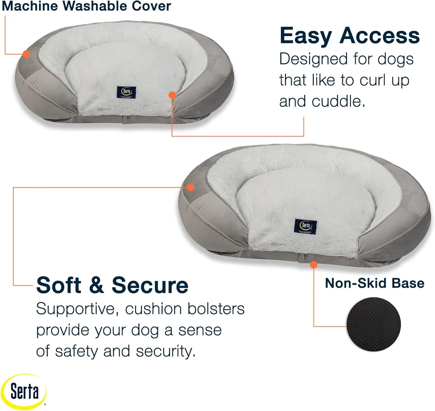 Serta Oval Couch Dog Beds - Quilted Orthopedic Memory Foam Base with Supportive Rounded Bolsters - Gray (Large)