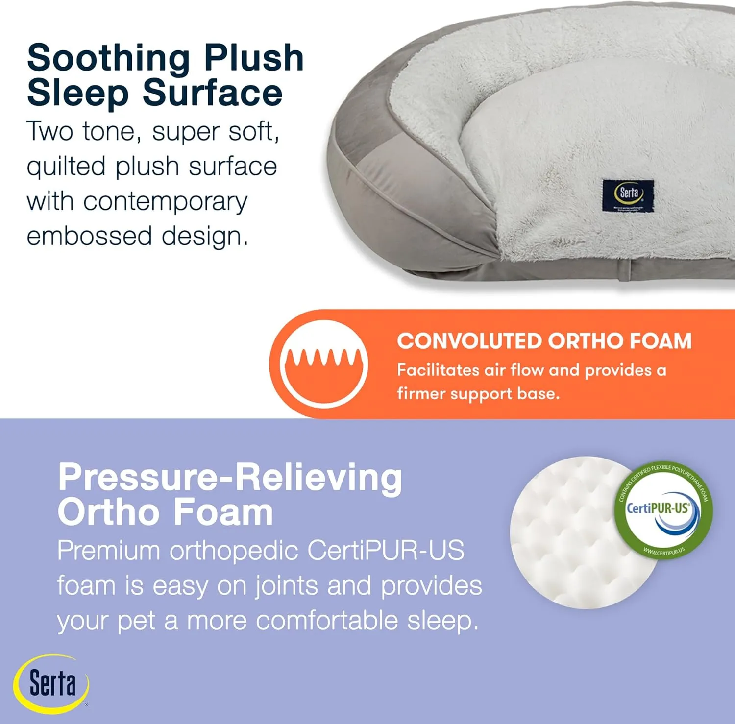 Serta Oval Couch Dog Beds - Quilted Orthopedic Memory Foam Base with Supportive Rounded Bolsters - Gray (Large)
