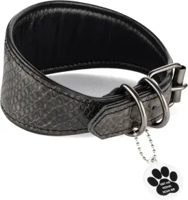 Sighthound Wide Leather Dog Collar with ID Tag QR for Whippet Italian Greyhound Saluki Borzoi Lurcher Spanish Galgo, Luxury Dog Collars, Soft Leather Dog Collar for Sensitive Neck (Gray, M)