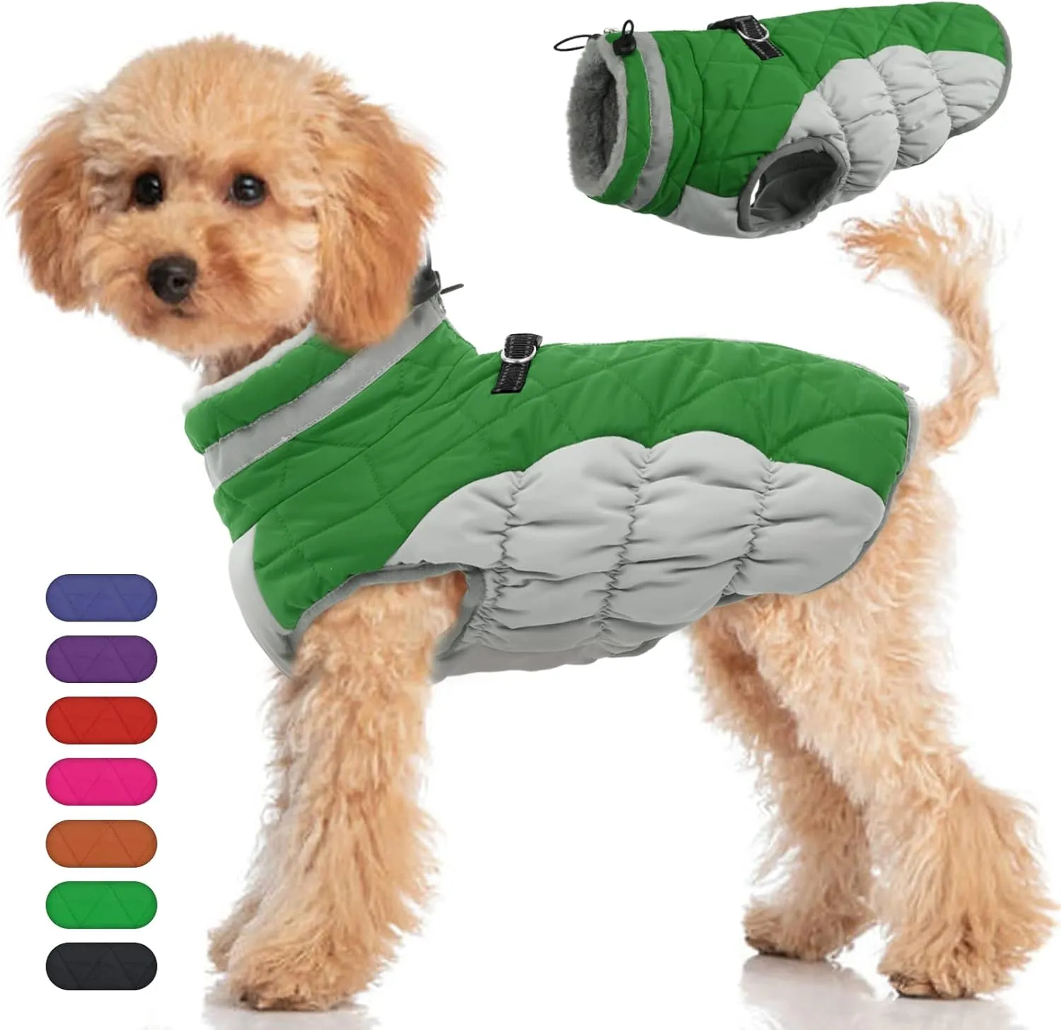 Small Dog Coat,Dog Jackets for Small Dogs,Warm Winter Jacket, Puppy Coat with Harness Built in,Waterproof Dogs Jacket,Puppy Cold Weather Coats,Pet Winter Clothes Snowsuit Shih Tzu Bichon,Green