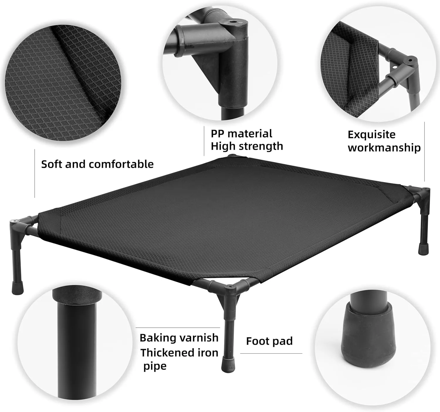 Soft Mesh Elevated Pet Bed for Large Medium Dogs Outdoor Resting Cot with Water-Resistant, Air-Permeable, Cooling and Anti-Skid Portable Dog Bed, Up to 120 lbs, 43.2" L x 31" W x 7.5" H, Black