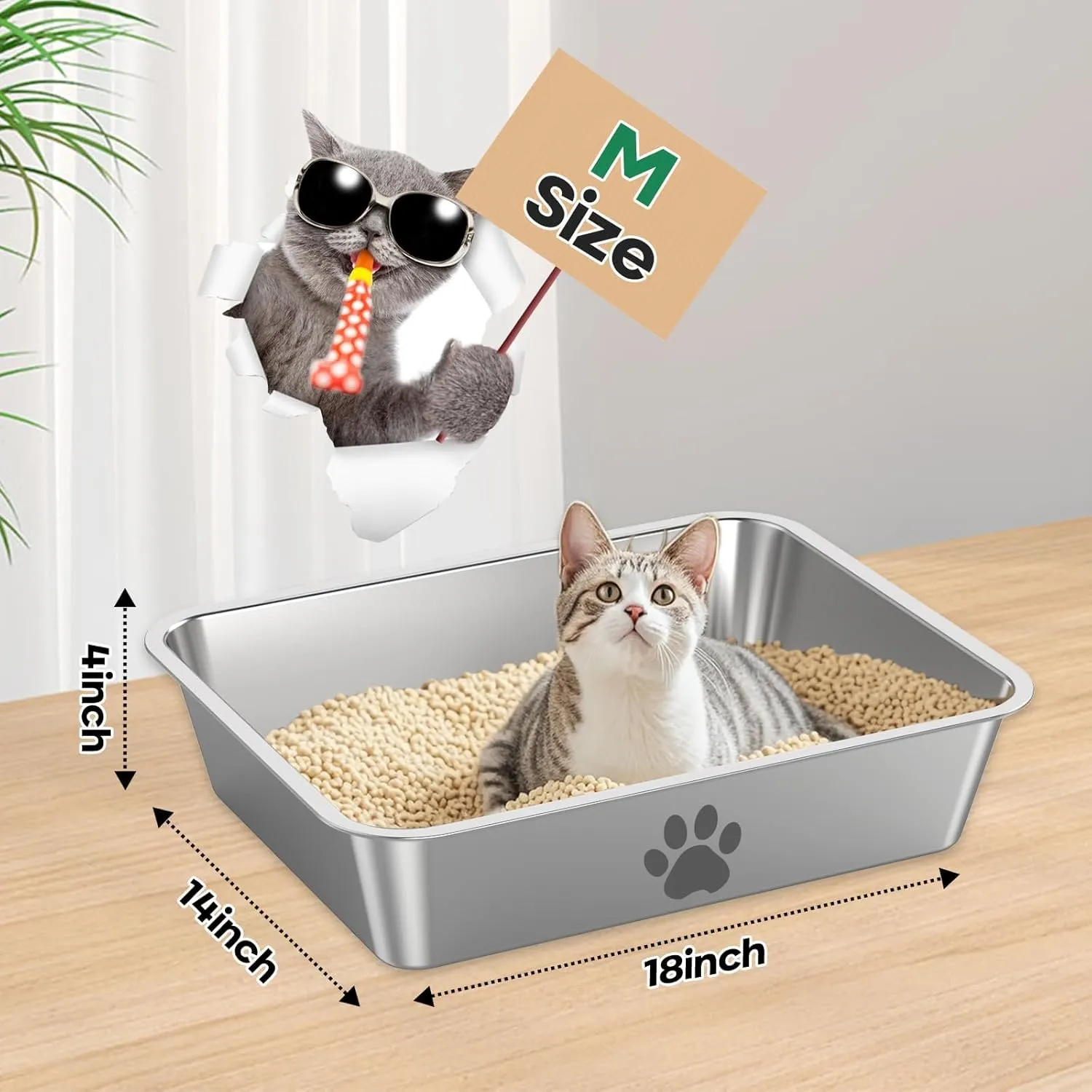 Stainless Steel Cat Litter Box,Metal Kitten Litter Pan, High Side Cats Toilet Indoor Litter Tray Pet Toilet Supplies for Cats, Kitty,Rabbits, Easy Clean, Non Stick Litter Box, No Smell