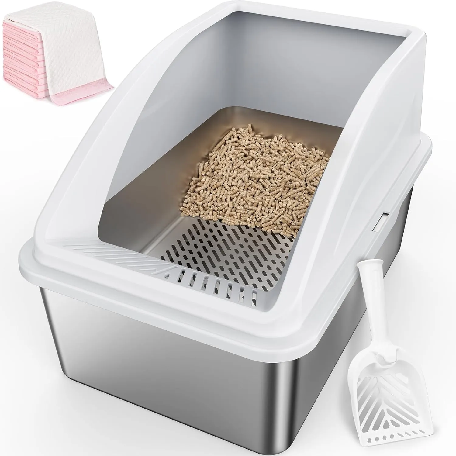 Stainless Steel Litter Box for Pine Pellet Cat Litter Non Clumping Litter System | XXL Sifting Cat Litter Box with Lid for Big Cats | High Sided, Anti-Urine Leakage | Non-Stick Bottom