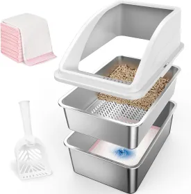 Stainless Steel Litter Box for Pine Pellet Cat Litter Non Clumping Litter System | XXL Sifting Cat Litter Box with Lid for Big Cats | High Sided, Anti-Urine Leakage | Non-Stick Bottom