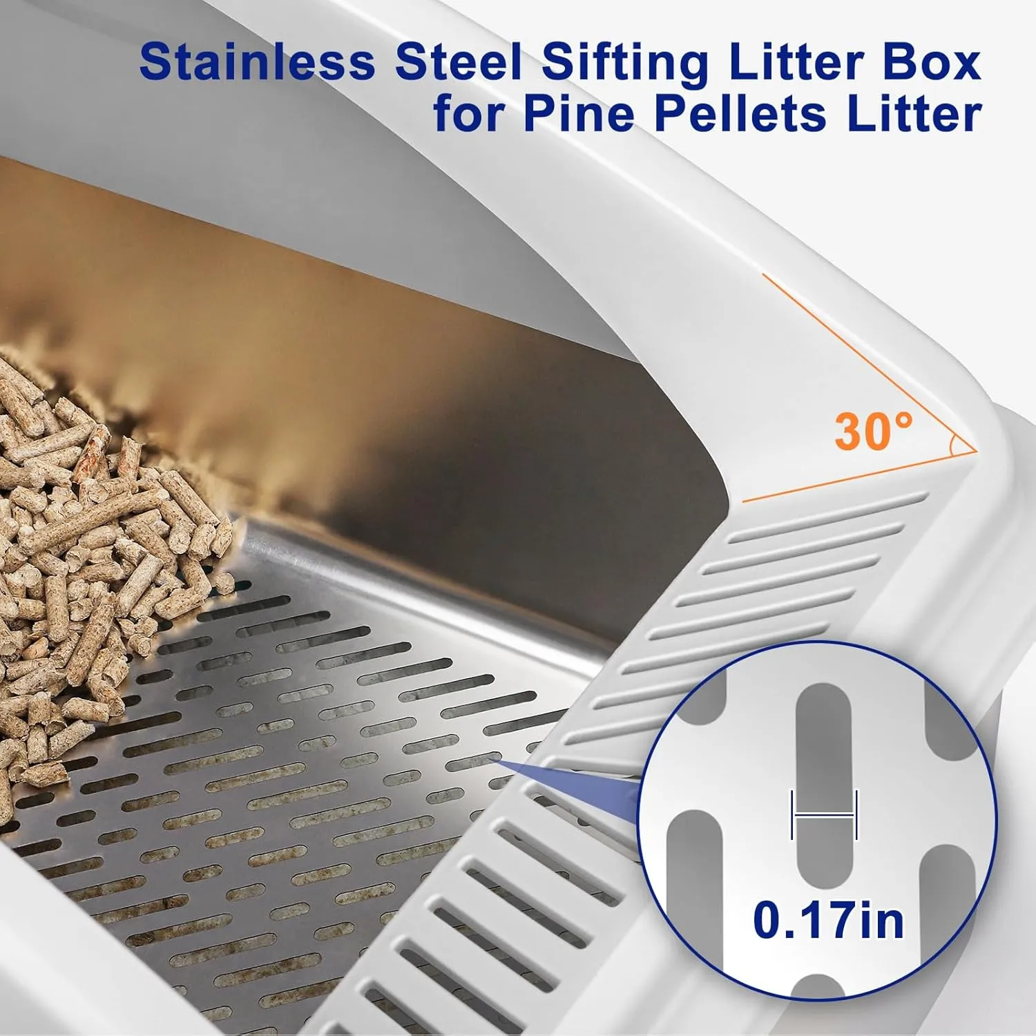Stainless Steel Litter Box for Pine Pellet Cat Litter Non Clumping Litter System | XXL Sifting Cat Litter Box with Lid for Big Cats | High Sided, Anti-Urine Leakage | Non-Stick Bottom