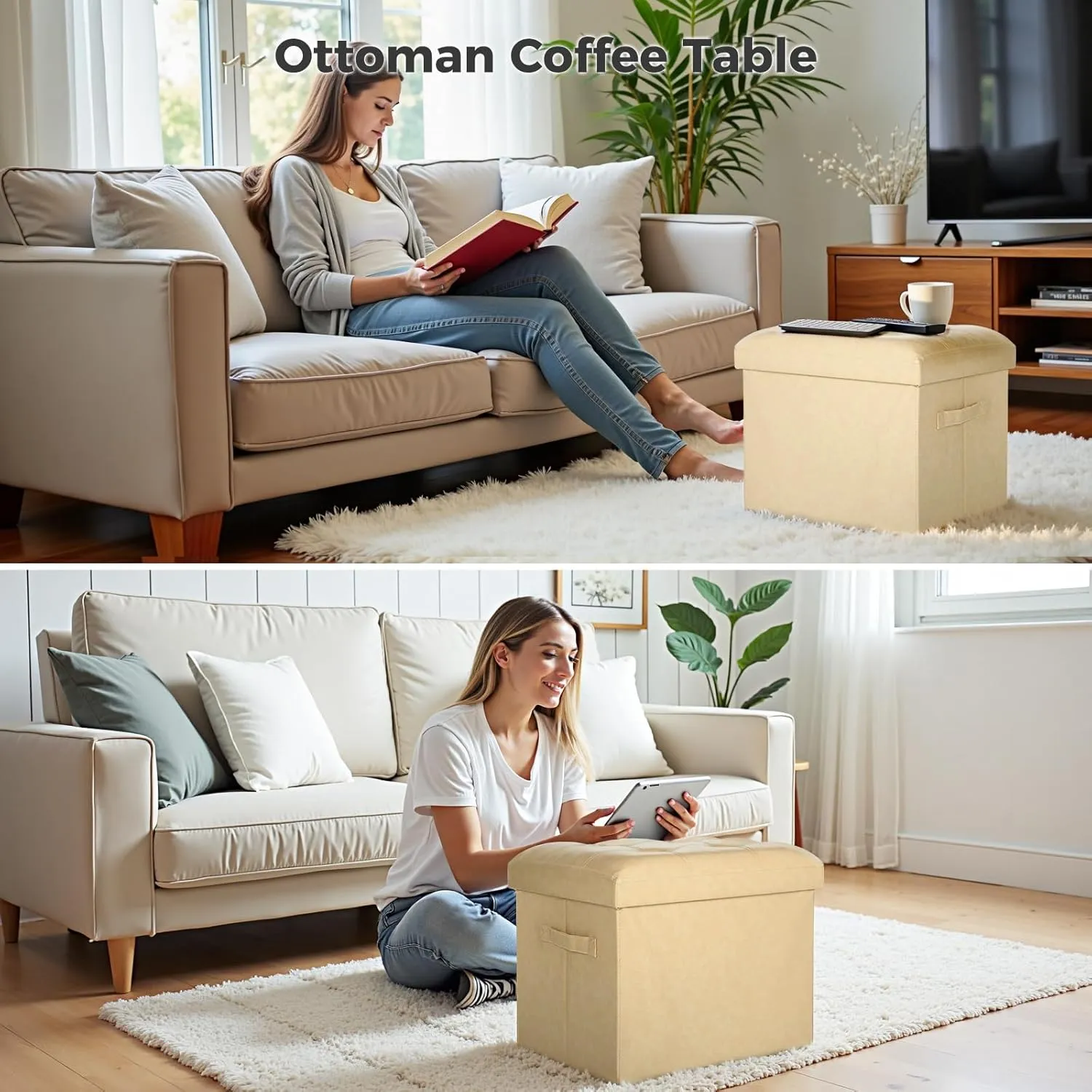 Storage Ottoman Foot Rest Stool.Folding Oil Waxed Leather Foot Stool with Thicker Foam Padded Seat. Small Ottoman with Storage Bench for Bedroom Coffee Table 350 lbs, 17x13x13in, Beige.