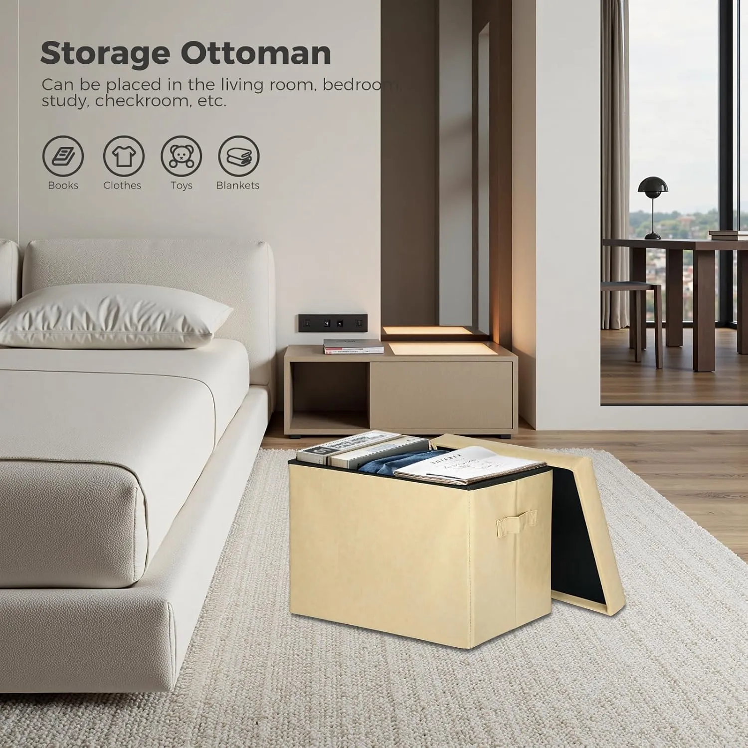 Storage Ottoman Foot Rest Stool.Folding Oil Waxed Leather Foot Stool with Thicker Foam Padded Seat. Small Ottoman with Storage Bench for Bedroom Coffee Table 350 lbs, 17x13x13in, Beige.