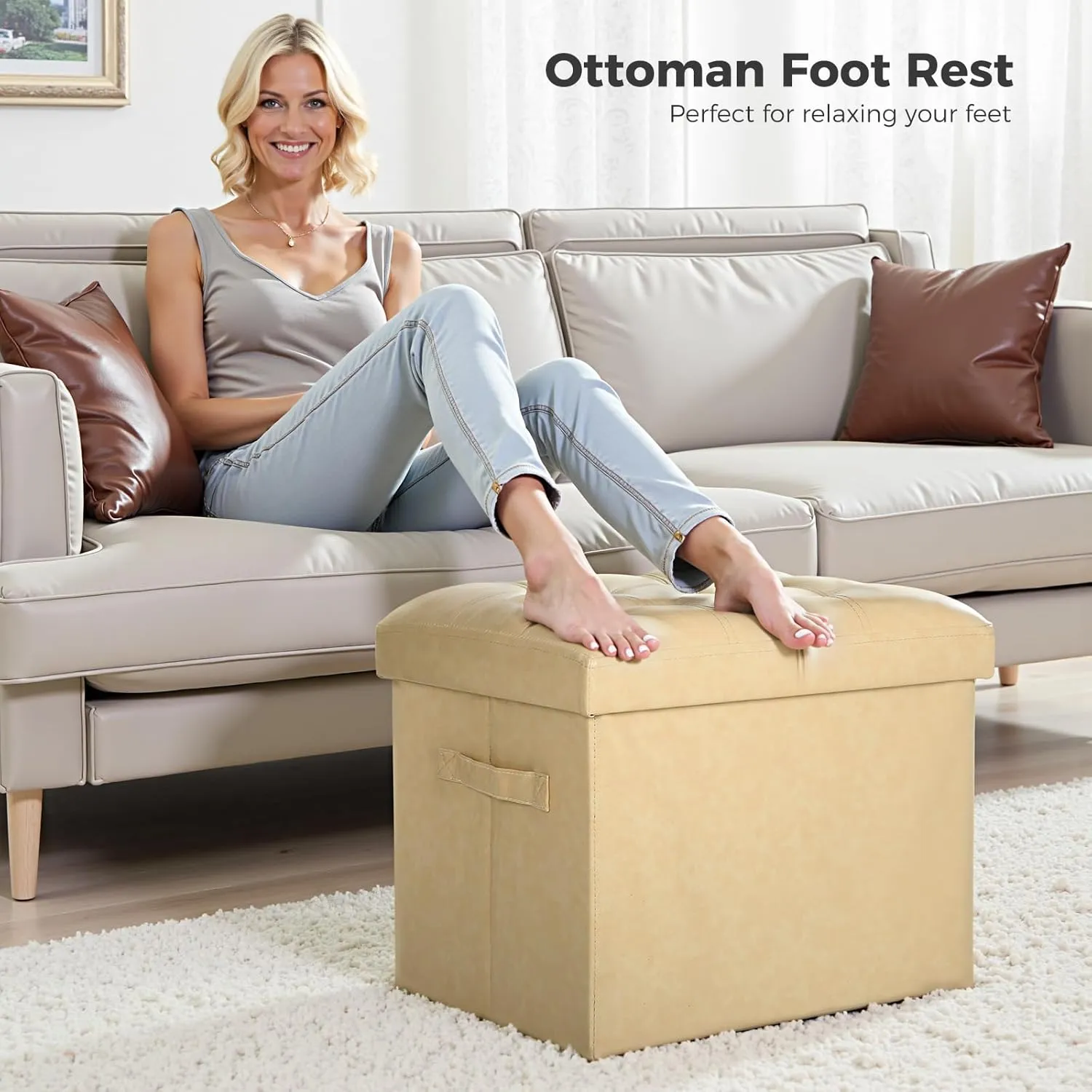Storage Ottoman Foot Rest Stool.Folding Oil Waxed Leather Foot Stool with Thicker Foam Padded Seat. Small Ottoman with Storage Bench for Bedroom Coffee Table 350 lbs, 17x13x13in, Beige.