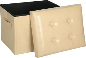 Storage Ottoman Foot Rest Stool.Folding Oil Waxed Leather Foot Stool with Thicker Foam Padded Seat. Small Ottoman with Storage Bench for Bedroom Coffee Table 350 lbs, 17x13x13in, Beige.