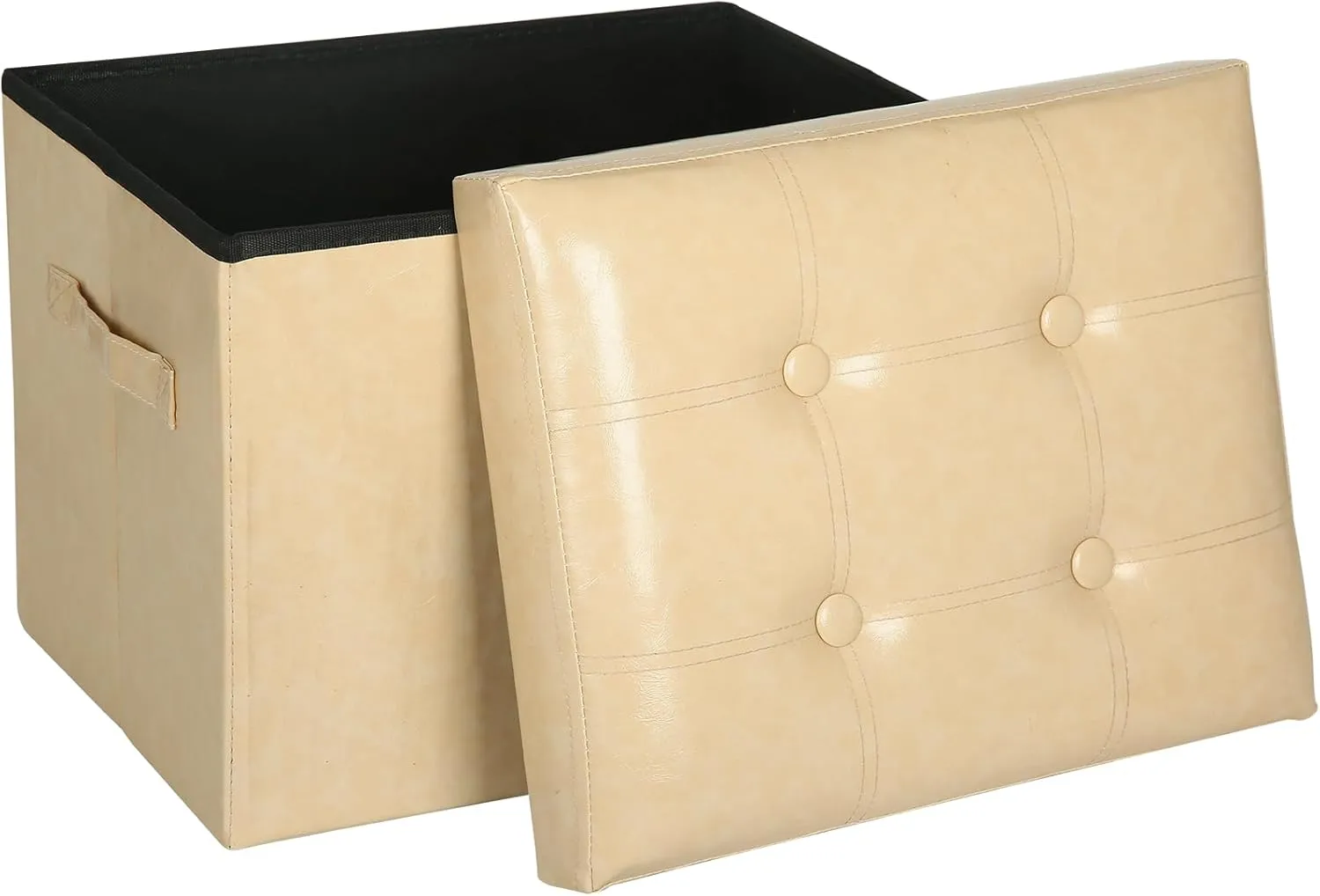 Storage Ottoman Foot Rest Stool.Folding Oil Waxed Leather Foot Stool with Thicker Foam Padded Seat. Small Ottoman with Storage Bench for Bedroom Coffee Table 350 lbs, 17x13x13in, Beige.