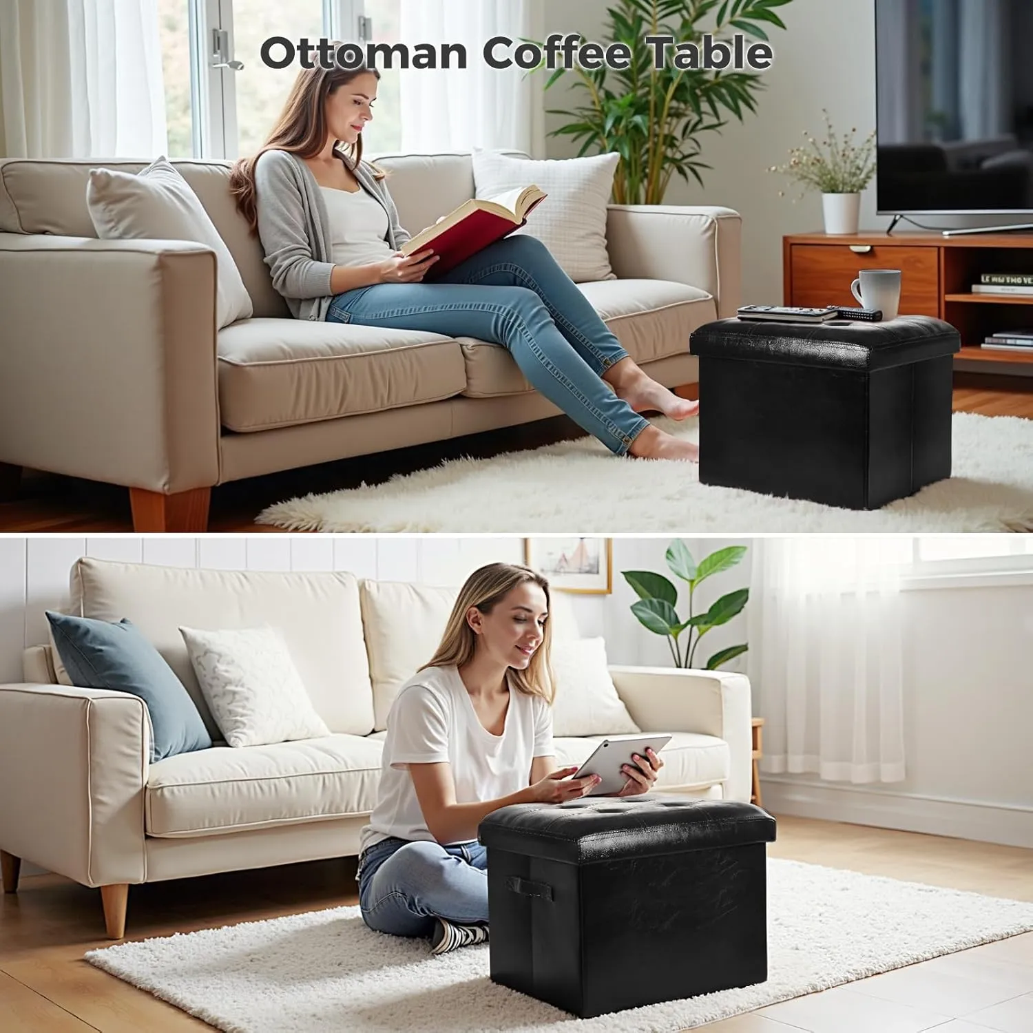 Storage Ottoman Footrest Stool. Foldable Oil Waxed Leather Footstool with Thicker Foam Padded Seat. Small Ottoman with Storage Bench for Living Room Bedroom 350 lbs, 17x13x13in, Black.