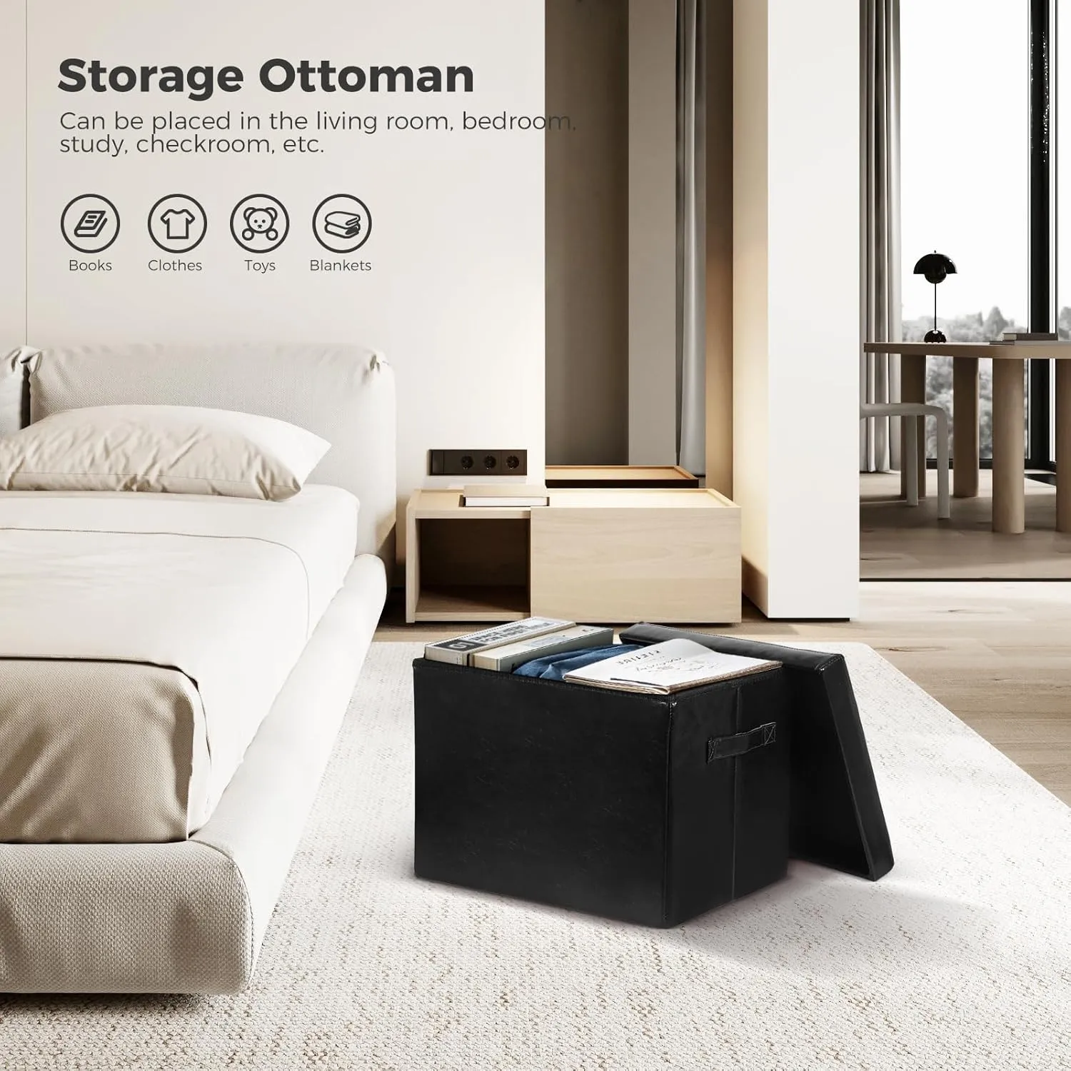 Storage Ottoman Footrest Stool. Foldable Oil Waxed Leather Footstool with Thicker Foam Padded Seat. Small Ottoman with Storage Bench for Living Room Bedroom 350 lbs, 17x13x13in, Black.